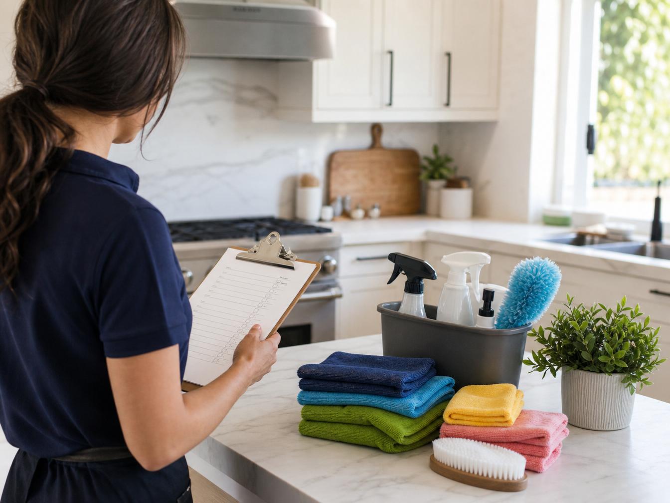 Professional cleaner reviewing a customized cleaning checklist on a clipboard in a modern Michigan kitchen