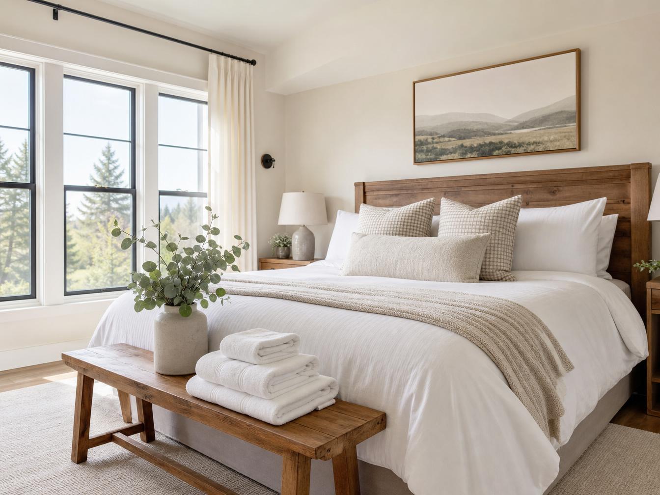 Bright, hospitality-ready Airbnb bedroom with crisp white linens and folded towels prepared for guests in Fountain Michigan