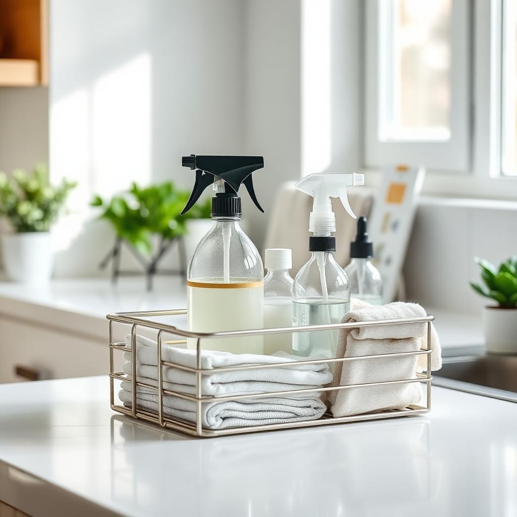 Neatly arranged eco-friendly cleaning caddy on a clean counter